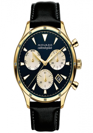 Heritage calendoplan diamond chrono leather strap men's watch