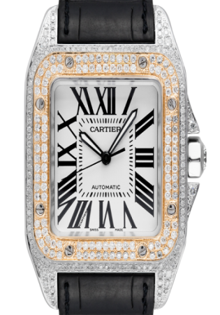 Cartier santos 100 l gold bezel diamond set automatic watch