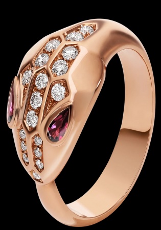 Serpenti ring in 18 kt rose rubellite eyes and demi pavé diamonds