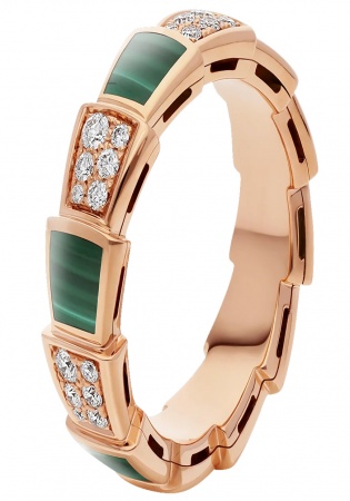 Serpenti viper 18 kt rose ring set with malachite elements and pavé diamonds