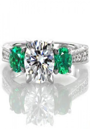 Parissart 14k emerald round three stone engagement milgrain vintage inspired 1/2ctw