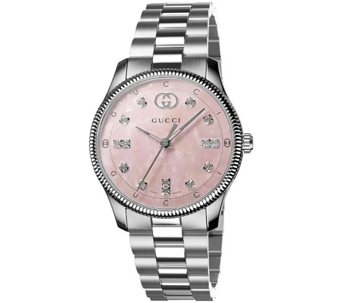 Gucci G-Timeless Quartz YA1265062 Pink MOP Dial Diamond Steel Bracelet Watch 29MM