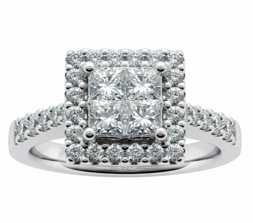 GCA 14k White Gold Cluster Princess and Round Diamond Engagement Ring